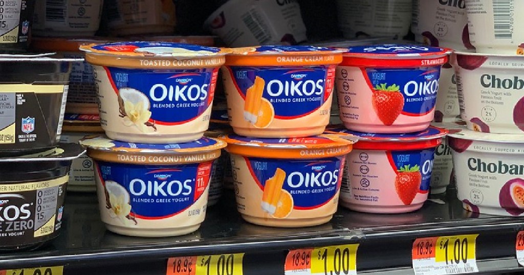 oikos yogurt in store on shelf