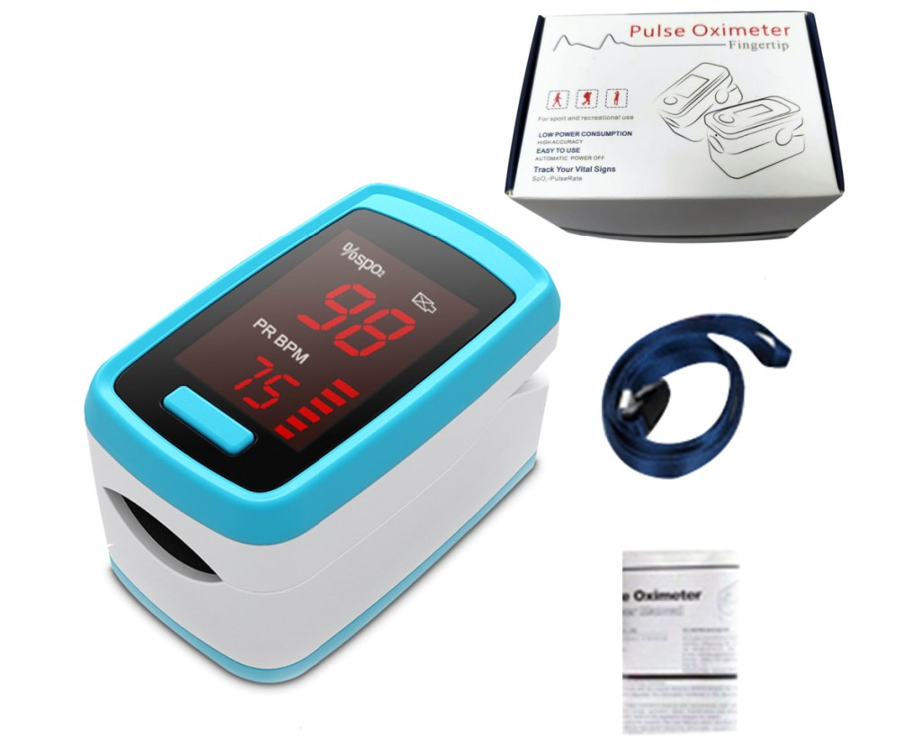 pulse oximeter with lanyard and box and manual