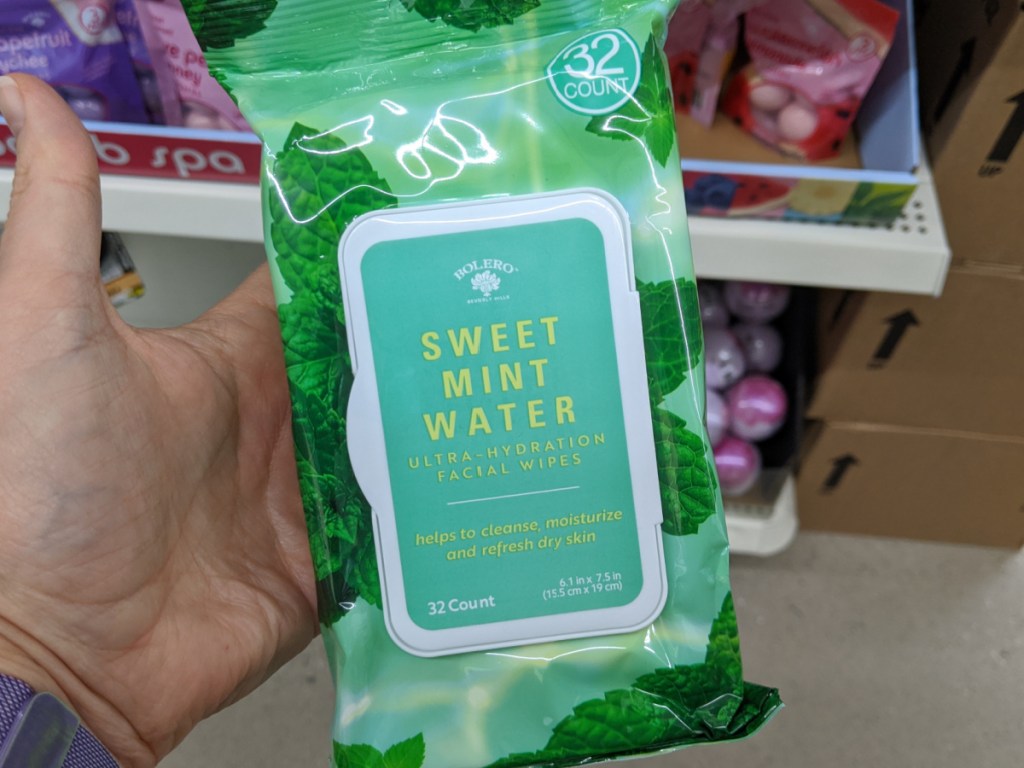 hand holding bolero facial cleansing wipes at dollar tree