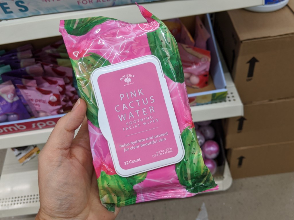 hand holding bolero facial cleansing wipes at dollar tree