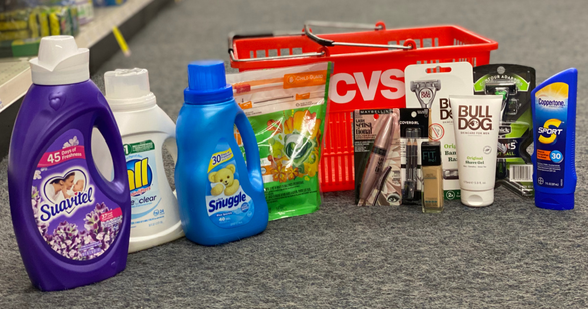 multiple products including laundry detergent, make up, and moreon cvs floor with cvs basket