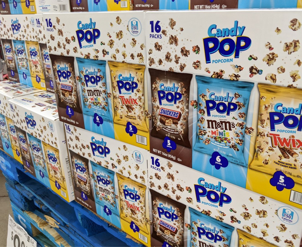multiple stacked boxes of candy pop popcorn