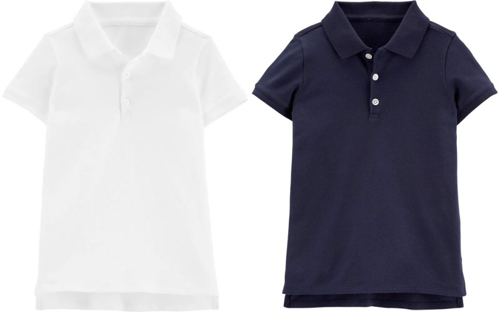 two Carter's girls uniform polo shirts in white and navy blue