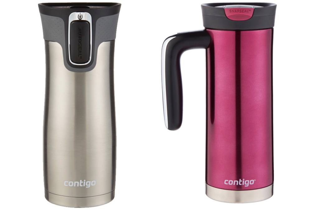 stainless steel travel mug with black lid and pink travel mug with black lid and handle
