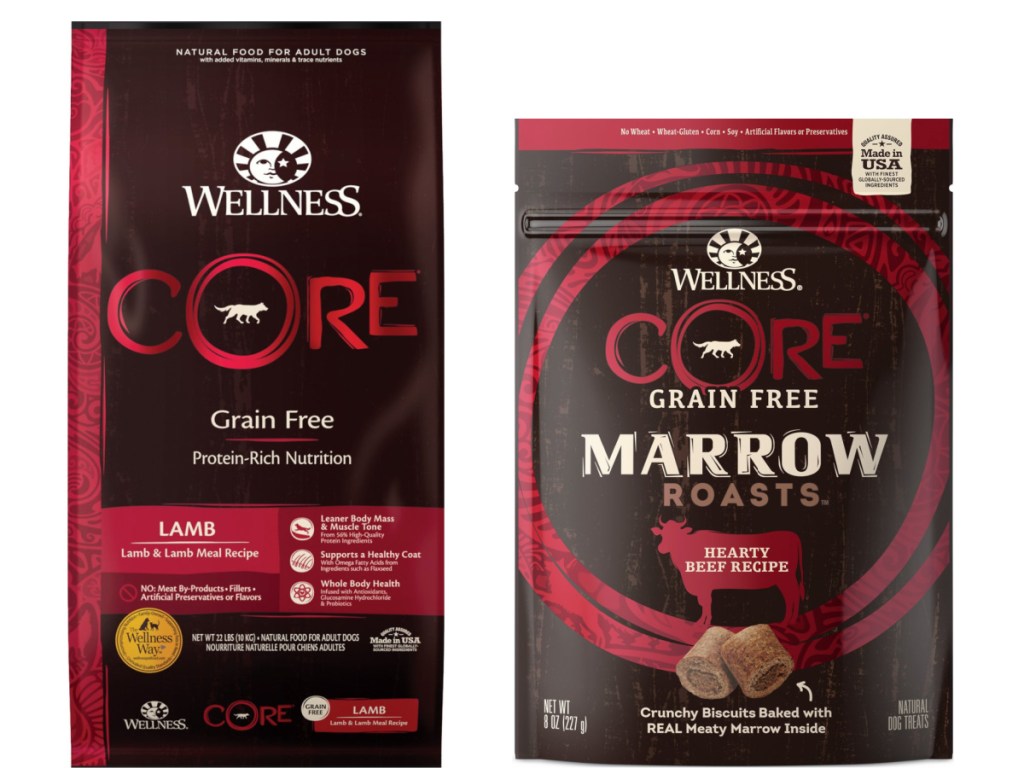 core wellness dog food bag next to core wellness dog food treats