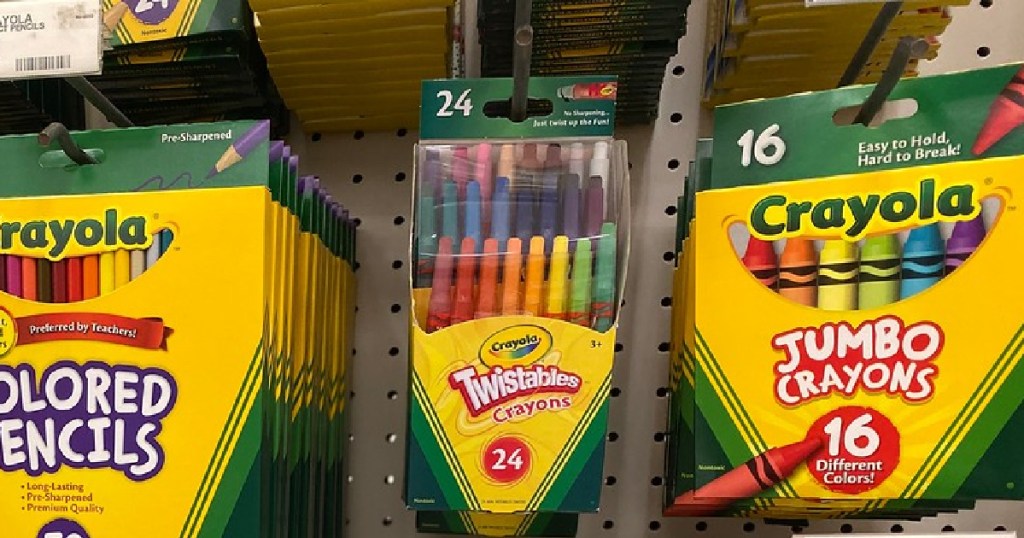crayons and colored pencils hanging in store