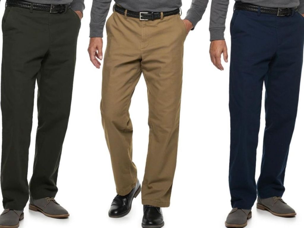 three men wearing chino pants