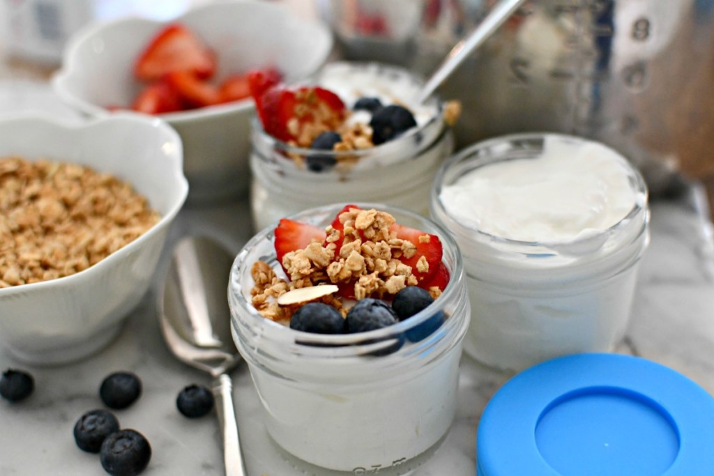jars of cold start instant pot yogurt with toppings