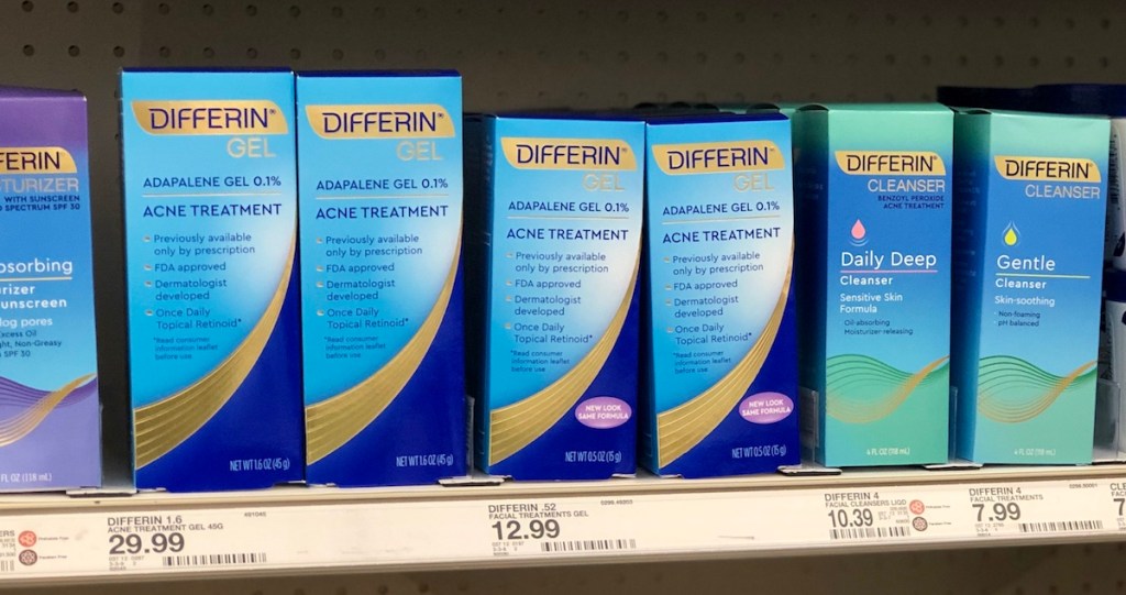row of Differin products on shelf at Target