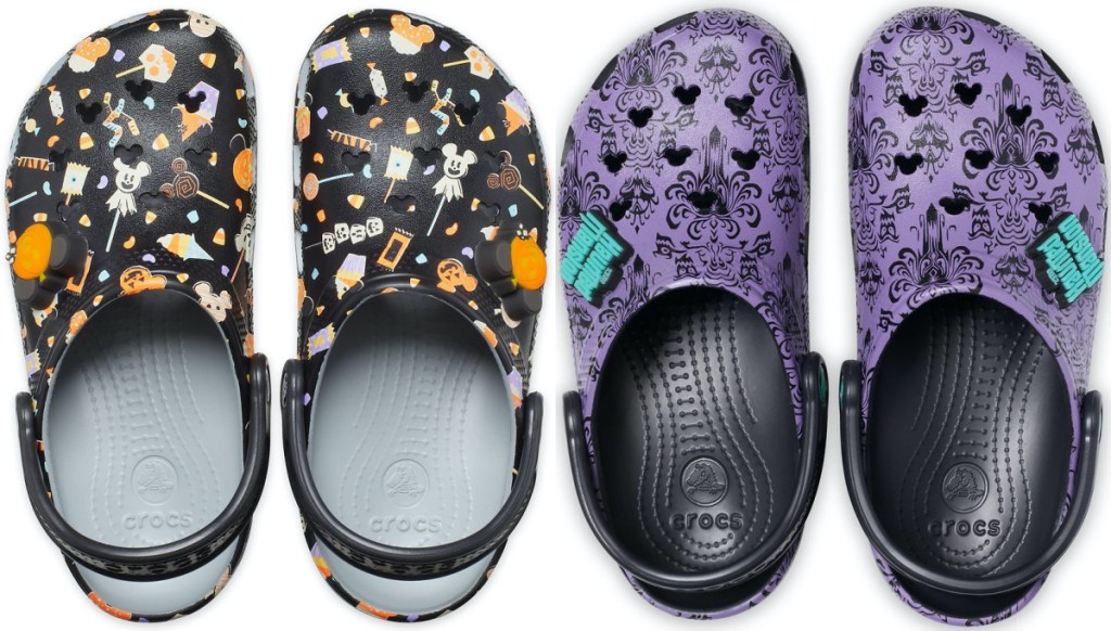 black Halloween themed Mickey Mouse clogs and purple Halloween themed Haunted Mansion clogs