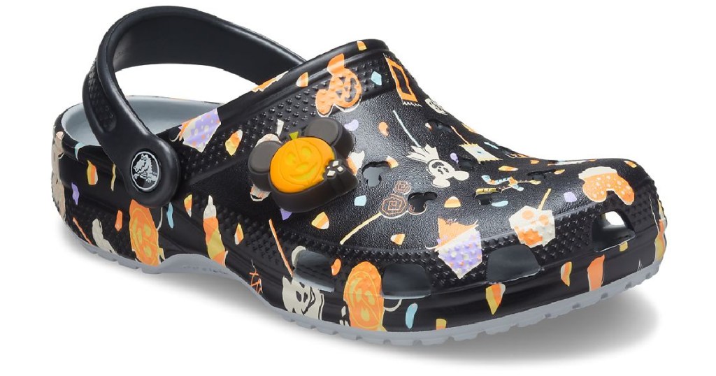 black Halloween themed Mickey Mouse clogs