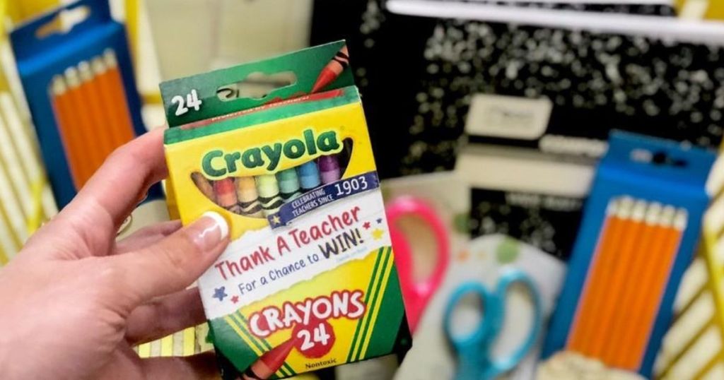 Dollar General Basket with Crayons, pencils, scissors, notebooks and filler paper