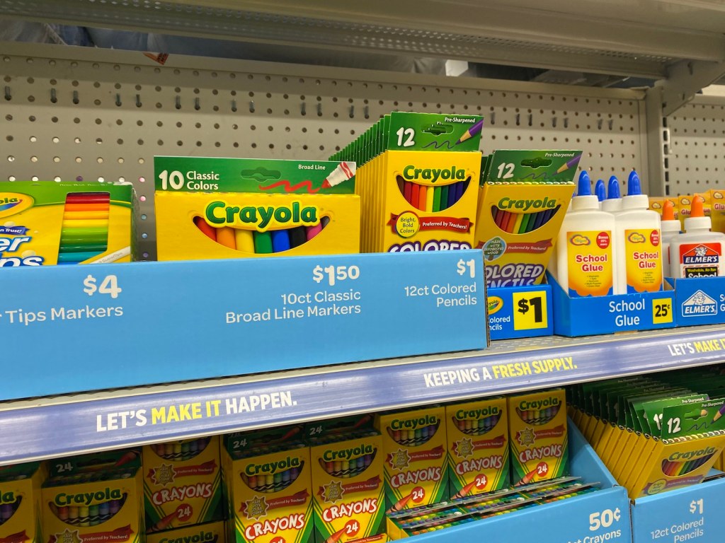 Dollar General School Supply Aisle with crayons