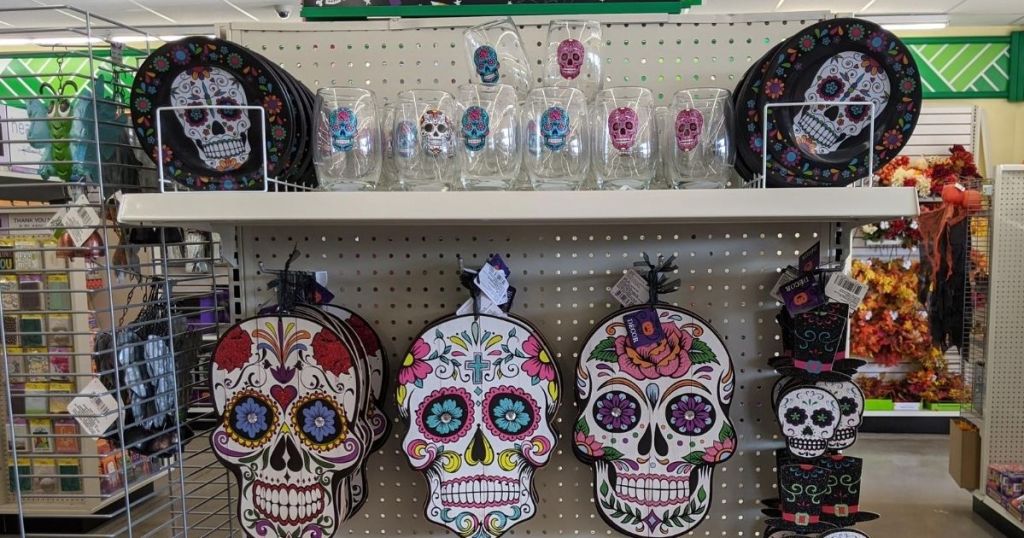 Dollar Tree shelf with Day of the Dead theme decor
