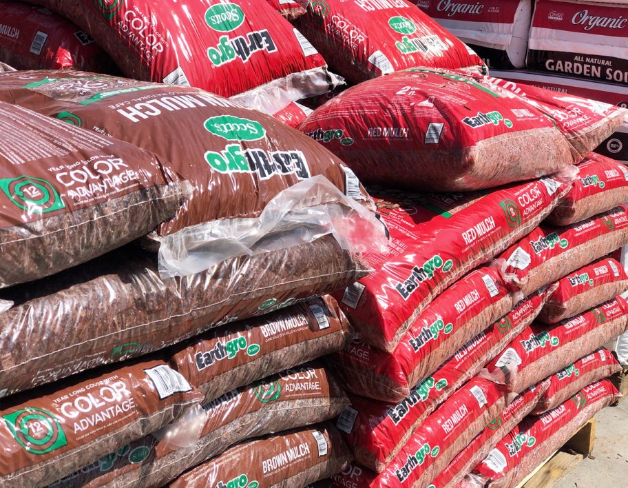 brown and red shades of earthgro mulch bags at Home Depot