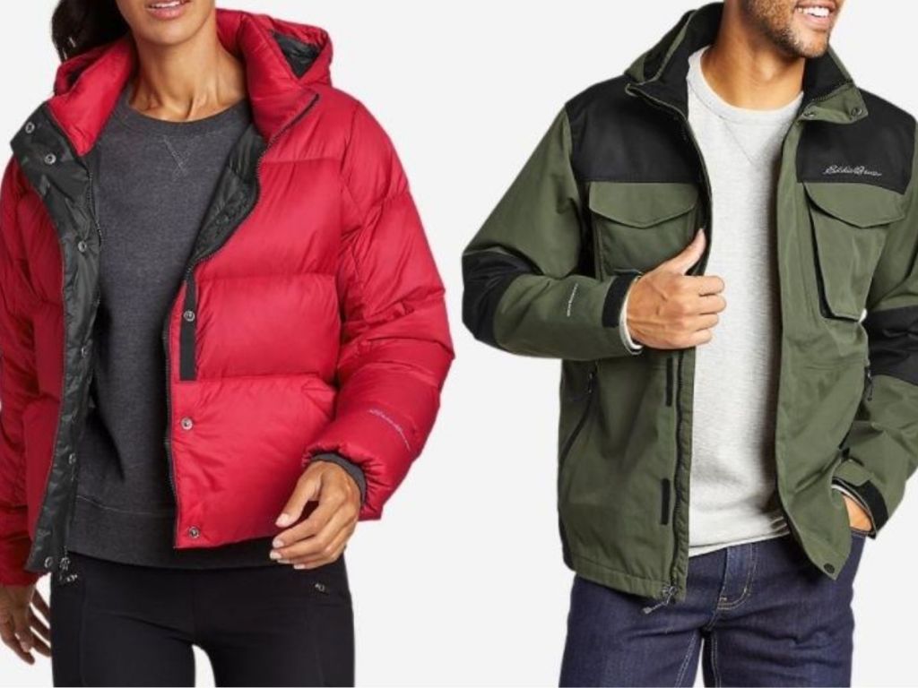 women and man wearing winter jackets 