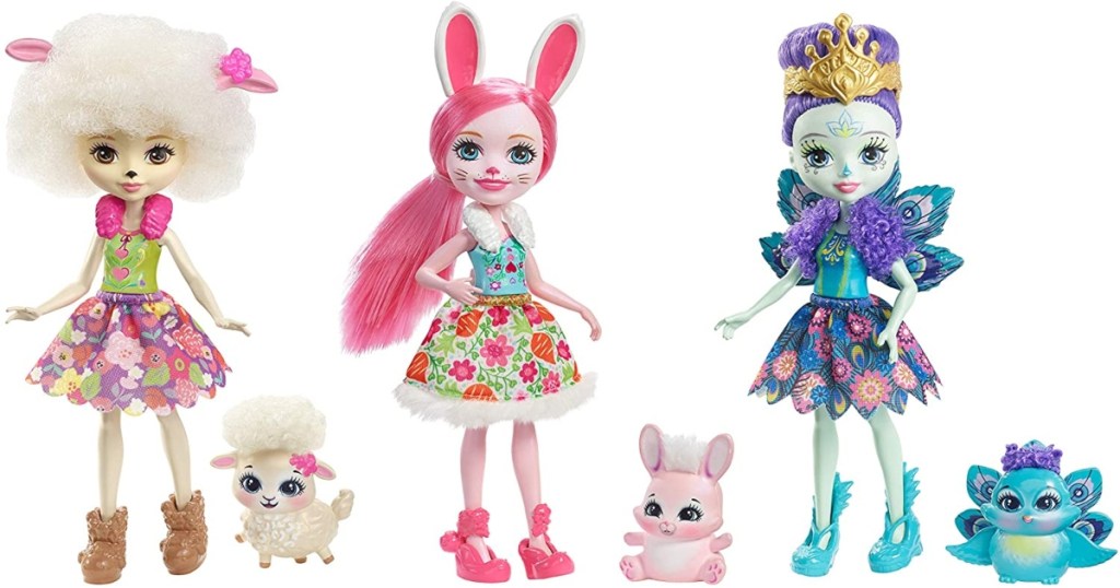 three pack of enchantimals dolls. Each standing up in a row with their pet beside them