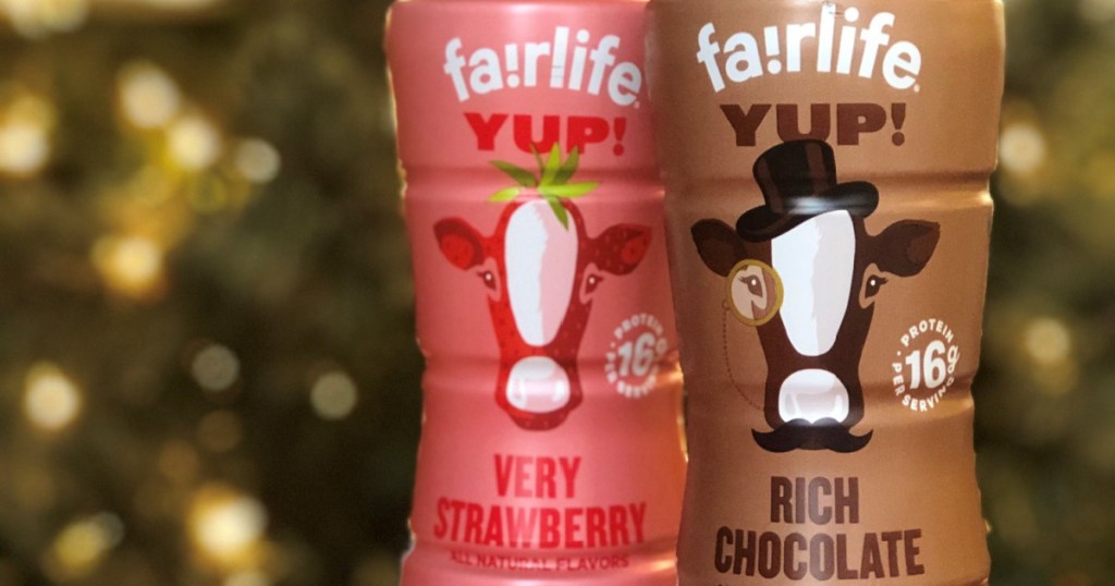 bottle of Fairlife yup milk in chocolate and strawberry
