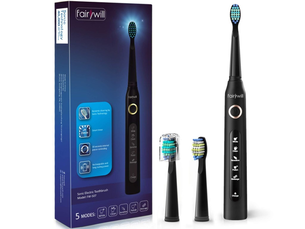 electric toothbrush set with black toothbrush, two brush heads, and blue box