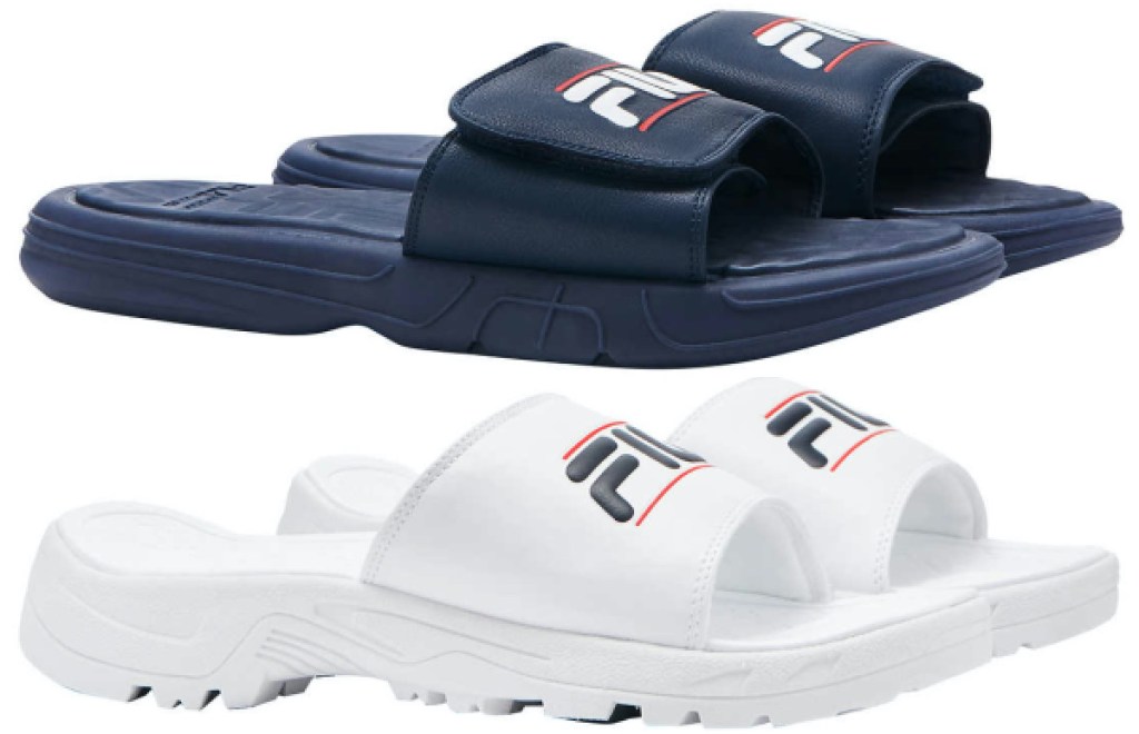 men's blue slide sandals and women's white slide sandals