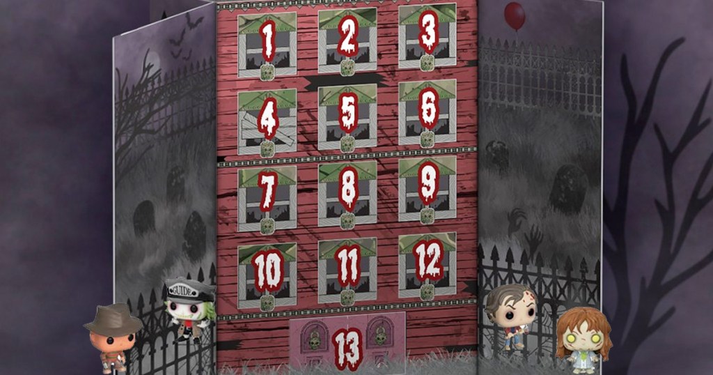 funko 13 day spooky halloween advent calendar with four mini figures in front of it