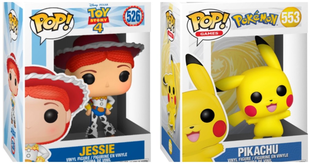 Two Funko Pop Figures, one is Jessie from Toy Story 4 the other is Pokemon Pikachu. Both are in the box.