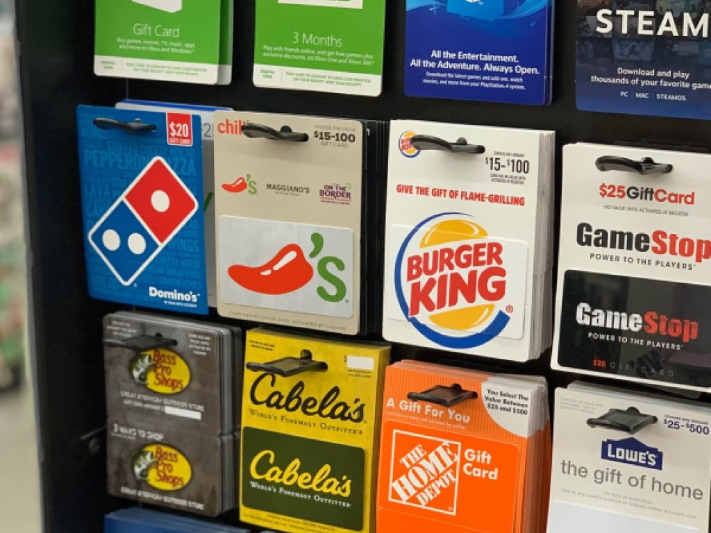 various gift cards on display in store