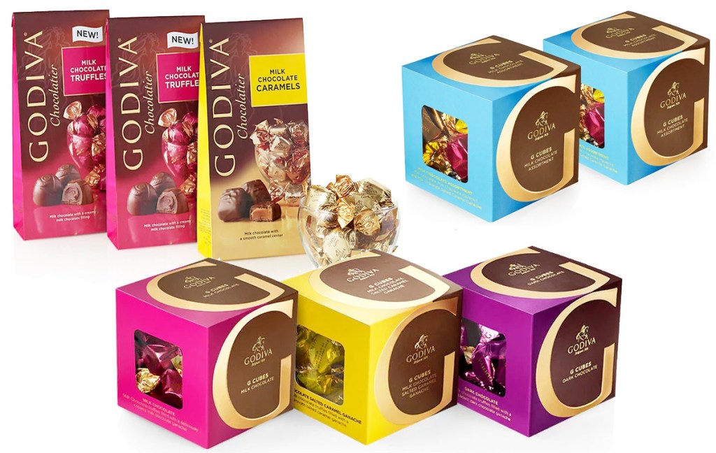 three bags of individually wrapped Godiva chocolates and five boxes of Godiva chocolates in assorted flavors