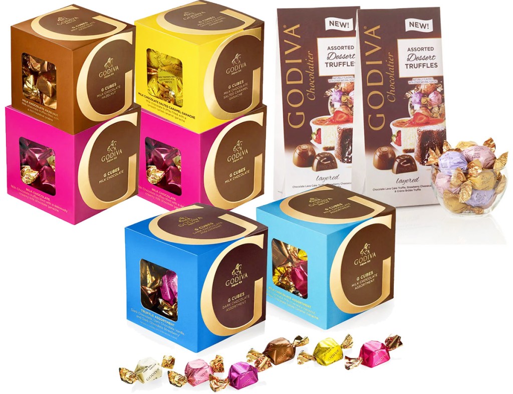 cube boxes of assorted godiva chocolates and two bags of dessert truffles