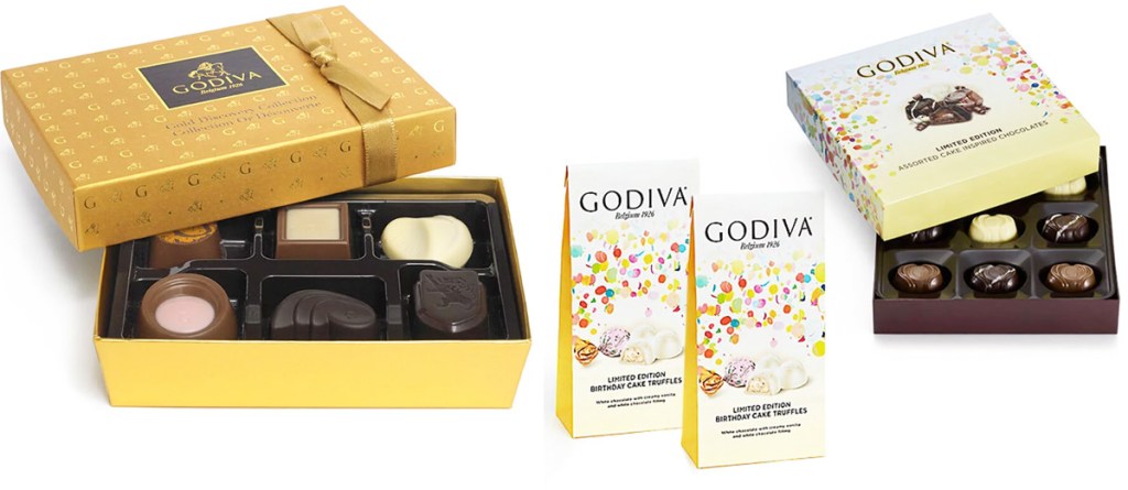 gold godiva box with assorted chocolates and birthday gift set with two bags of birthday truffles and box of assorted chocolates