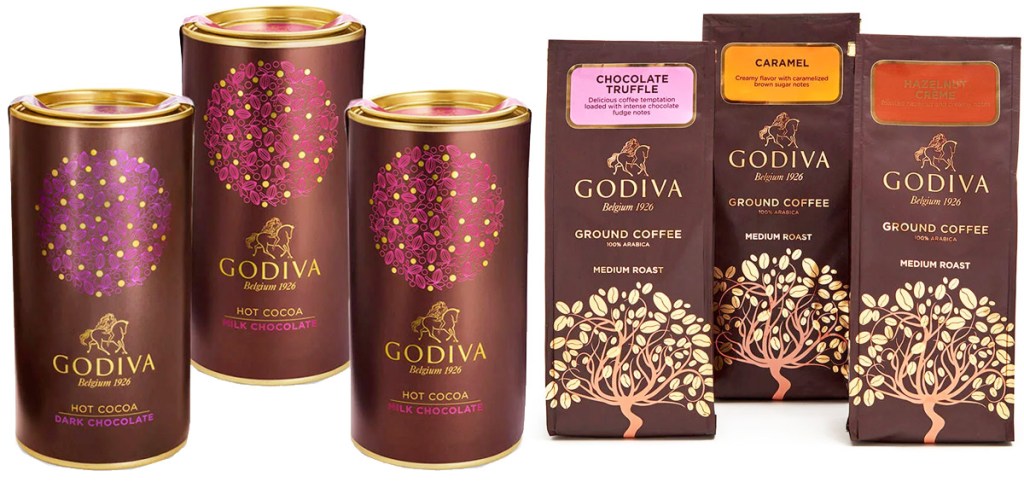 three brown Godiva hot cocoa containers and three brown Godiva ground coffee bags