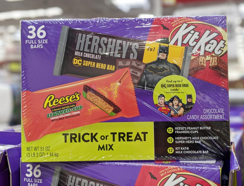 purple box of Hershey's full size candy bars with halloween wrapping