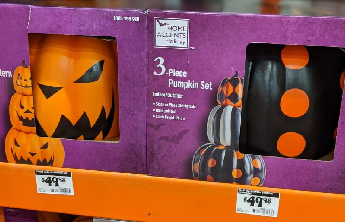 two boxes of 3-piece pumpkin stack decoration on store shelf