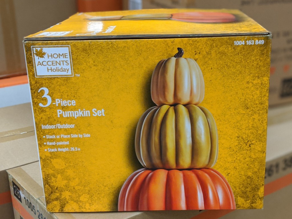 box of 3-piece pumpkin stack decoration in store