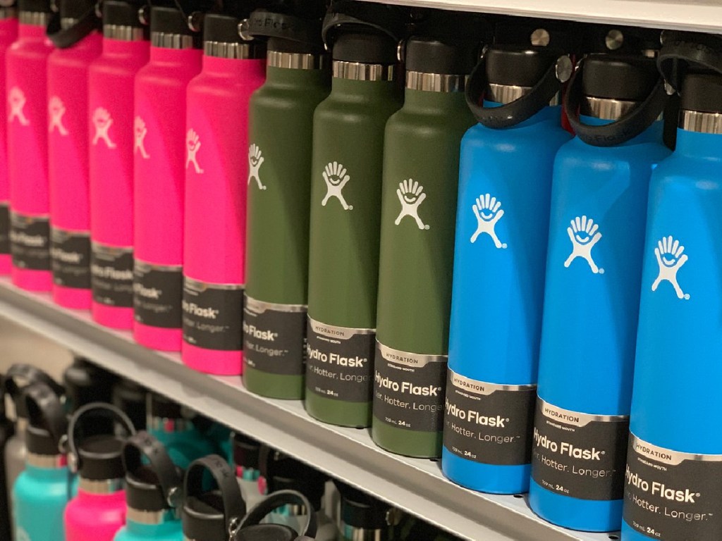 various colored insulated water bottles on store shelf