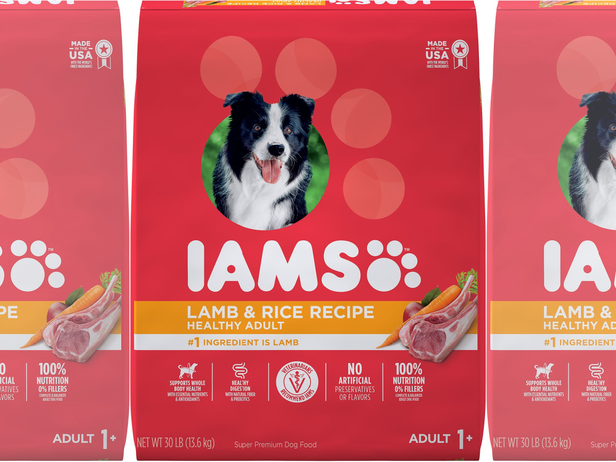 three bags of Iams ProActive Health Adult Lamb & Rice Formula Dry Dog Food