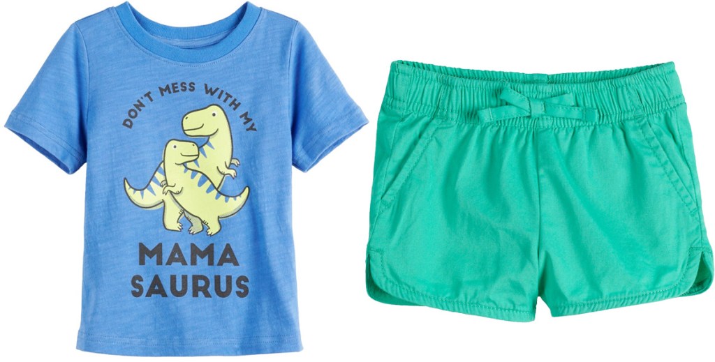 blue dinosaur graphic tee and green dolphin hem shorts