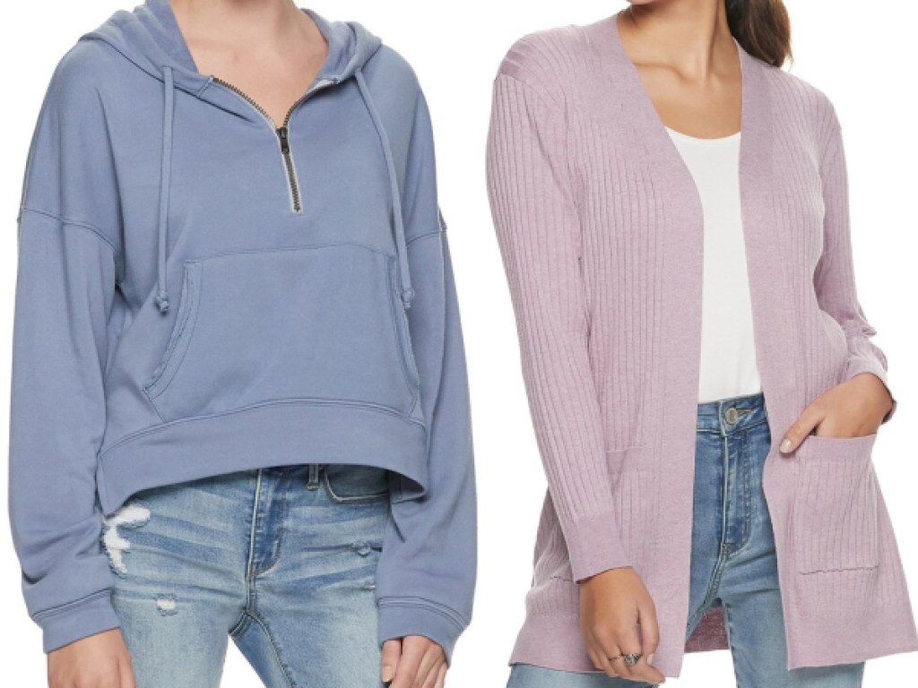 woman in light blue hoodie and woman in light purple cardigan