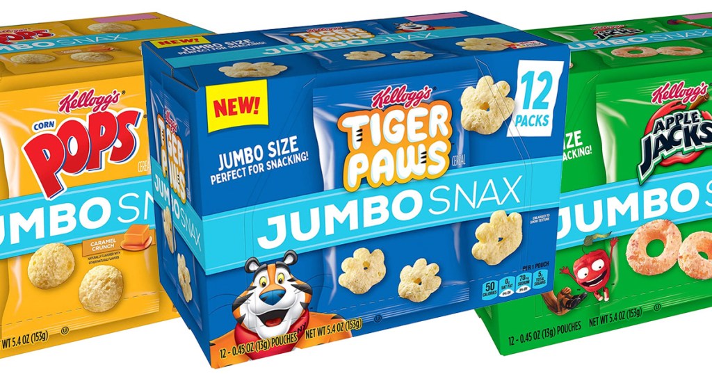 three boxes of Kellogg's cereals jumbo snax in corn pops, frosted flakes, and apple jacks flavors