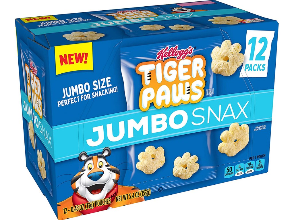 blue box of Tiger Paws Frosted Flakes jumbo snax
