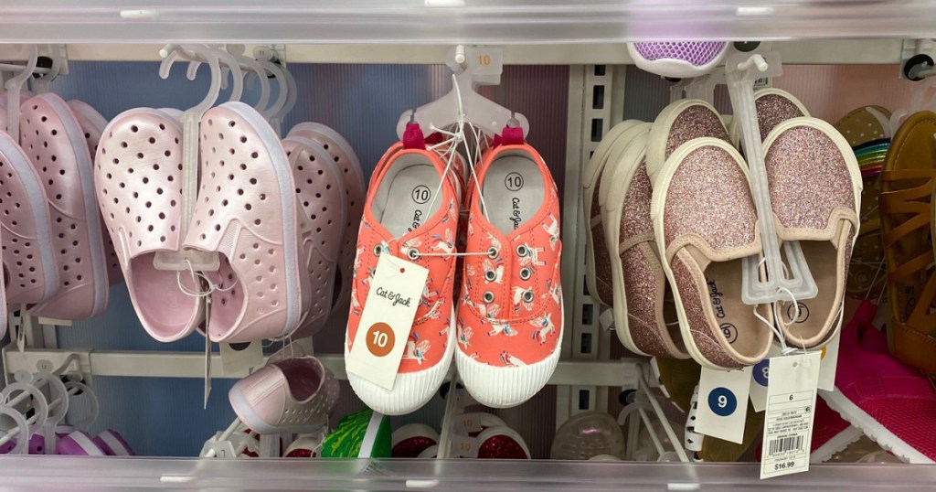 Toddler Shoes hanging on a large rack in-store at Target
