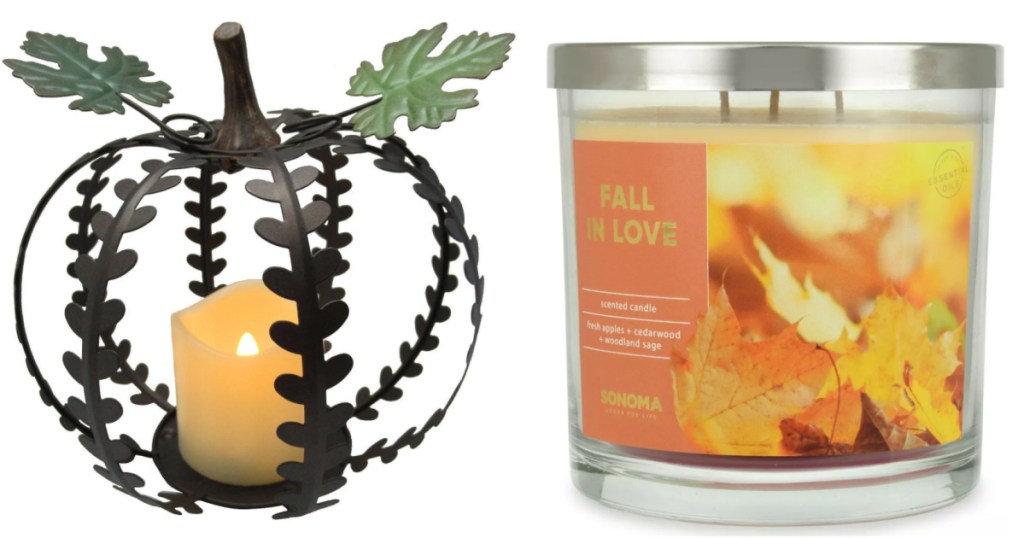 Metal Pumpkin with candle sitting next to fall sonoma candle