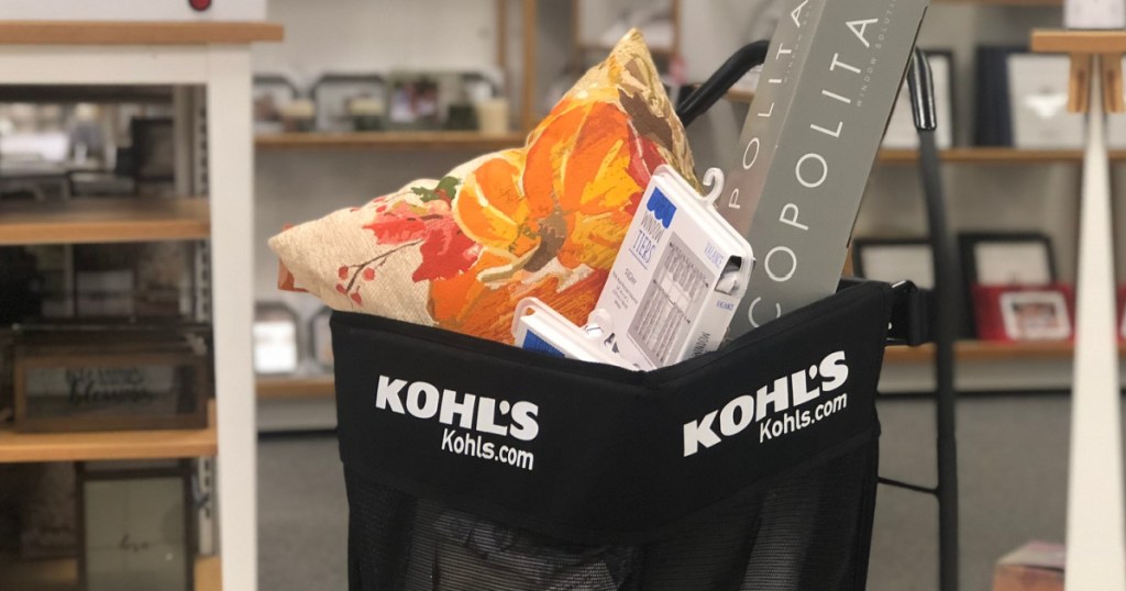 black shopping cart full of home items in store at Kohl's 