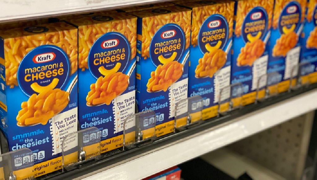 boxes of mac n cheese on store shelf