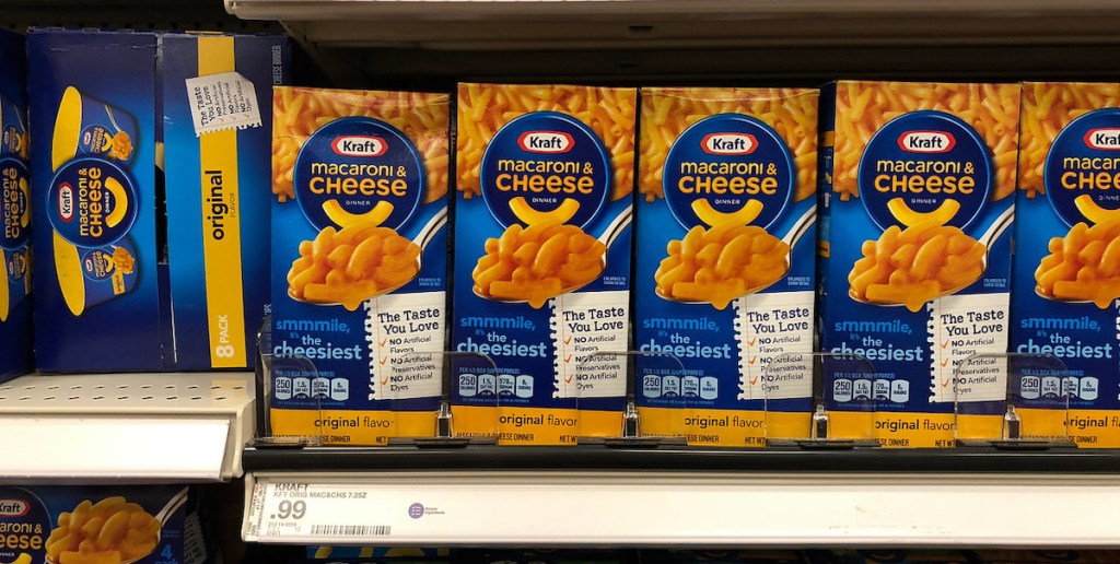 shelf of kraft macaroni cheese at target