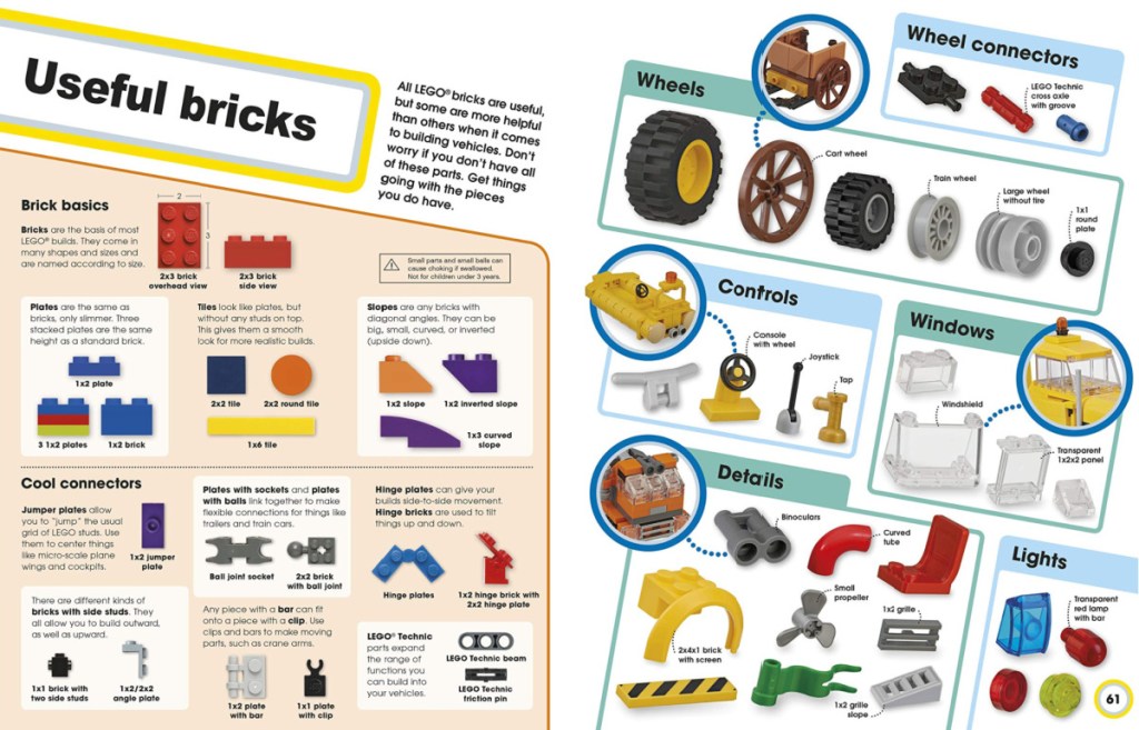 open LEGO book page with LEGO brick pieces shown and described