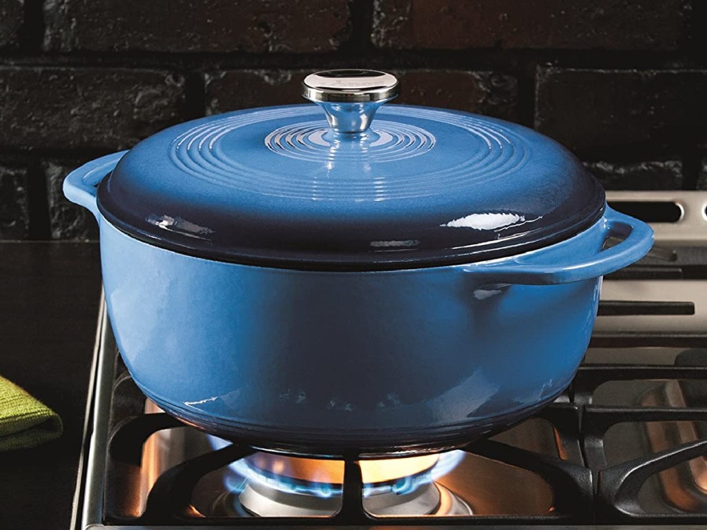 blue dutch oven on stove