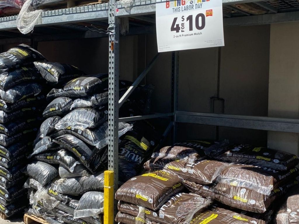 bags of mulch stacked up at store