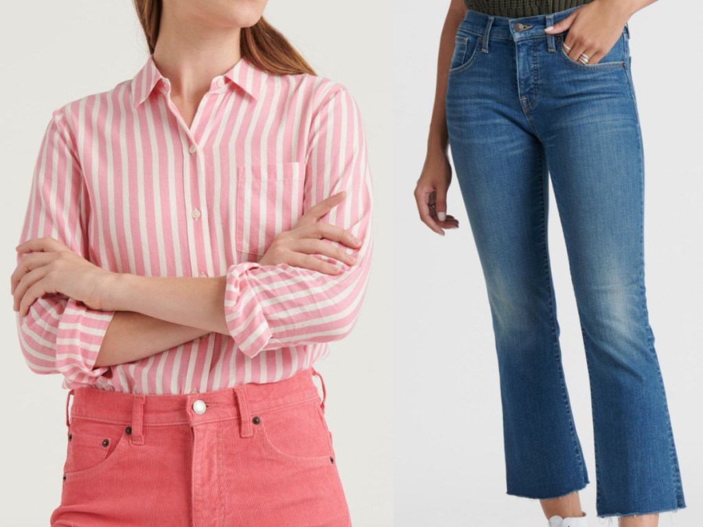 woman standing wth her arms crossed wearing a pink stripe tee next to a woman wearing cropped flared jeans