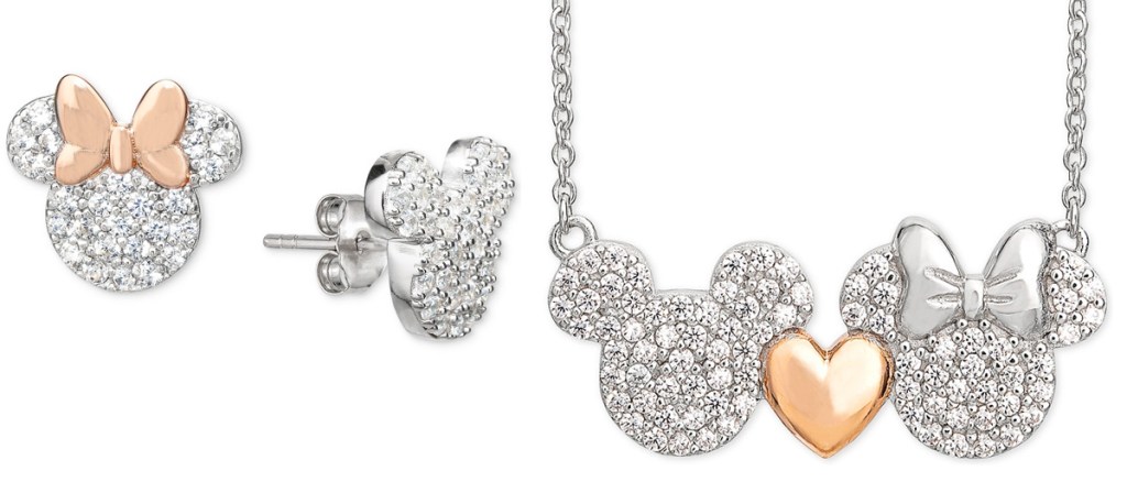 pair of silver mickey and minnie mouse head earrings and matching necklace with a gold heart between minnie and mickey's heads